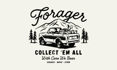 Fototapeta premium Retro forager off road vehicle illustration with mountains and trees for apparel and stickers