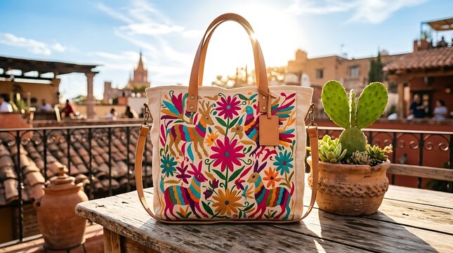 Embroidered mexican folk art tote bag on a sunny rooftop terrace