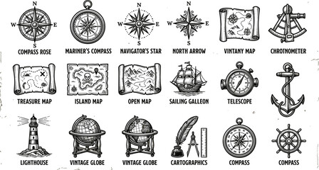 Vintage Nautical Navigation Icon Set with Old Maps Compass Rose Sailing Ships and Cartography Equipment Symbols © Rakib