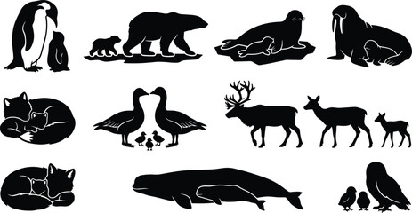 Arctic Wildlife Family Silhouette Vector Set Featuring Polar Bear Penguin Walrus Fox Deer Whale and Owl © AlRafin