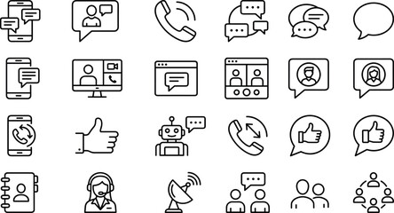 Fototapeta premium Communication and customer support line icons set including video calls chat messages support agents and feedback symbols isolated on white background