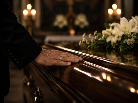 Elderly man's hand resting gently on a polished coffin during a funeral symbolizing love remembrance and final farewell