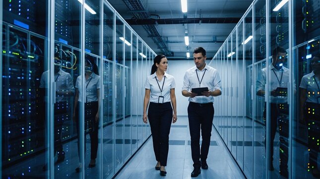 Technology Experts Inspecting Cloud Computing Infrastructure in Data Center
