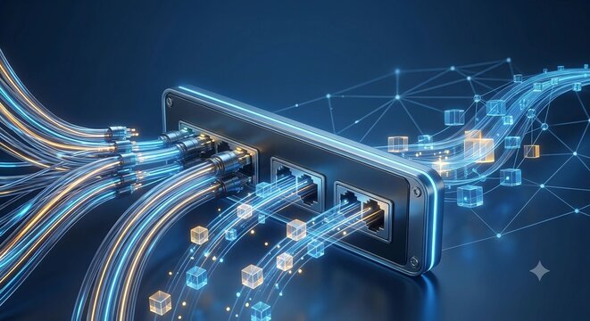Abstract 3D network integration switch with glowing fiber optic cables and data particles flow, professional PowerPoint slide background, copy space, generative AI