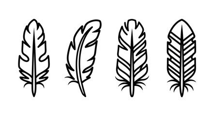 Set of four minimalist feather outline icons, simple line art drawing, isolated on white background © Yanti