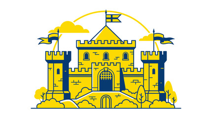 Medieval Castle Fortress Icon Vector Illustration Yellow Blue Flat Design © oka