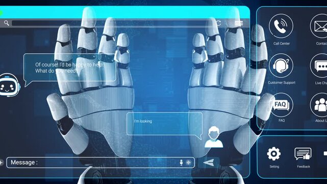 Advanced robotic hands engage in digital communication, illustrating AI conversation interface and virtual customer support technology for modern solutions Sigmoid