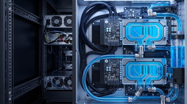 Custom liquid cooling system for computer server, high performance and technology modern concept, texture background, copy space