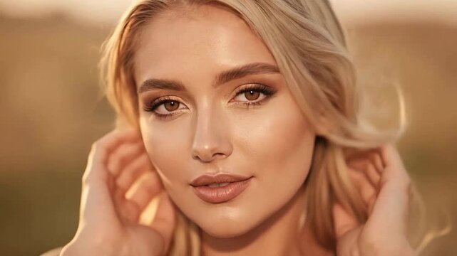 Close-up of a woman with serene expression and flowing blonde hair