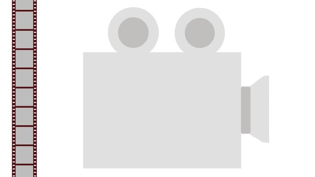 On the screen, a video camera's lens flashes. A video tape moves nearby. Animation on the topic of the video industry.