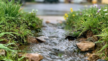 Fototapeta premium Flowing stream through green vegetation and rocks on a rainy day