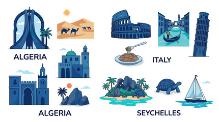 Travel Destinations: Algeria, Italy, Seychelles Illustrated Landmarks & Icons © oka