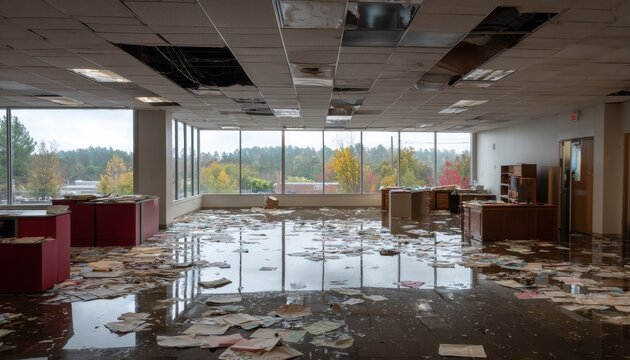 Flooded open-plan office space with scattered papers and damaged ceiling panels