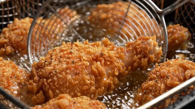 Crispy fried chicken cooking hot oil with golden brown breading, close up view of savory comfort food, crunchy and unhealthy texture, deep frying process, appetizing homemade meal, delicious breaded