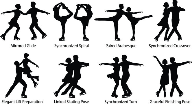 Synchronized Figure Skating Pair Silhouette Collection with Ice Dance Performance Vector Poses