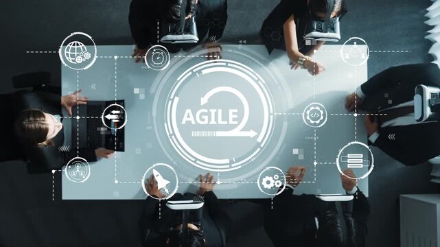 This image captures a business meeting focused on agile methodology, showcasing teamwork, technology, and a modern workspace for effective collaboration and planning. Raster