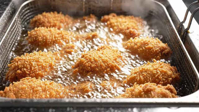 Crispy fried chicken pieces cooking hot oil inside deep fryer, golden brown coating, steam rising, delicious and appetizing comfort food, close up view, savory aroma, freshly prepared kitchen setting