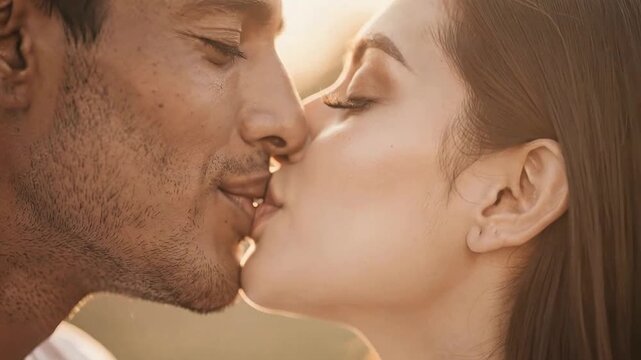 Close-up of Couple Sharing a Romantic Kiss at Sunset