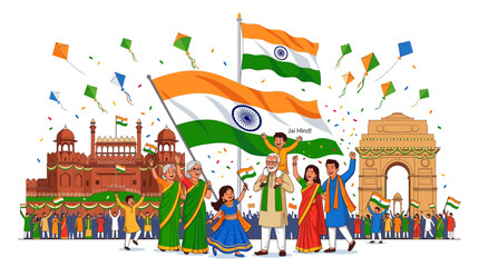 Obraz premium Happy Indian Independence Day Celebration with Diverse People Landmarks and National Flag