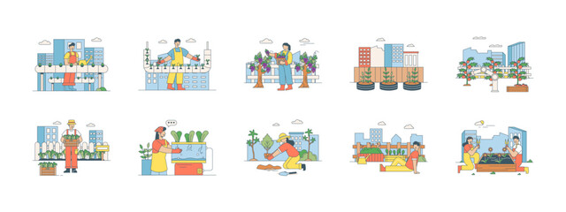 Fototapeta premium Collection of 10 urban farming illustrations. Flat vector concept. 