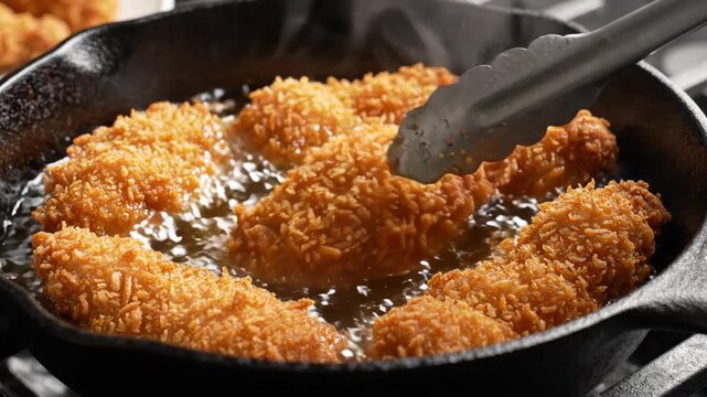Crispy fried chicken tenders cooking hot oil black cast iron skillet, breaded to golden brown perfection, close up of delicious comfort food and home cooking, savory meal preparation, kitchen scene