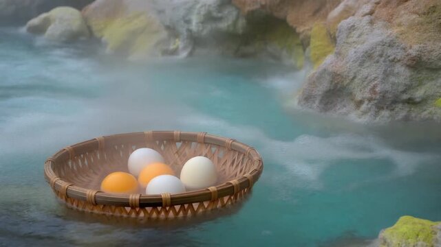 Traditional Japanese Onsen Eggs Slowly Cooking in Wicker Basket Submerged in Bubbling Sulfuric Hot Spring