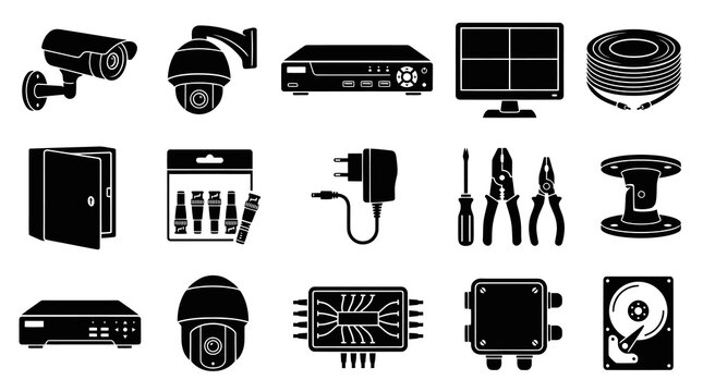 Security Camera System Equipment Icons - Technology, Surveillance, and Tools