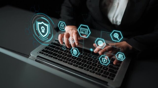 Hands Typing on Laptop with Cybersecurity Icons and Digital Protection Symbols in a Modern Workspace Setting. Entropy.