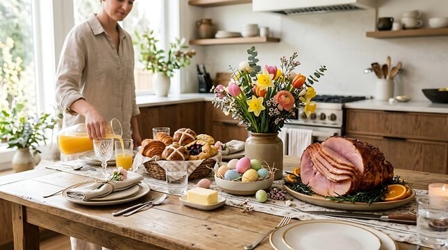 Woman pouring juice for a festive easter brunch celebration at home