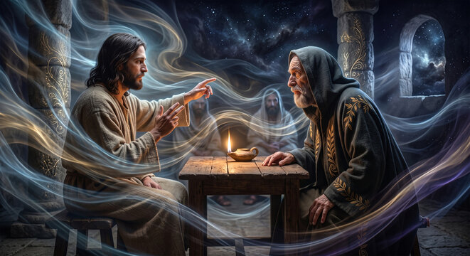 Bible, A surreal, epic-scale digital art piece capturing the concept of the Spirit "blowing where it wishes." Soft, ethereal, translucent currents of wind and light seem to swirl through the stone 