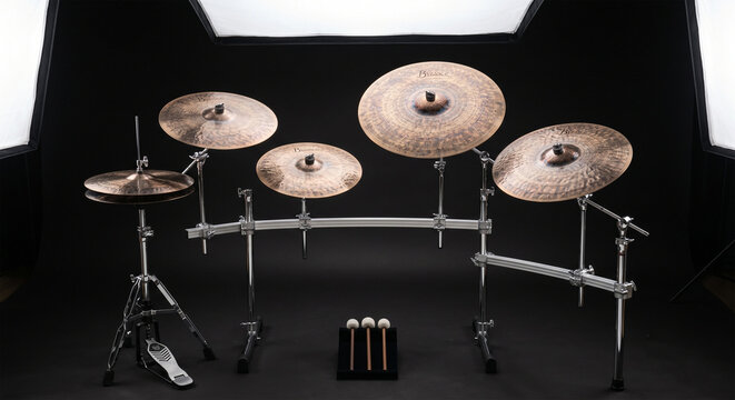 A professional product studio shot of a full set of drum kit cymbals&mdash;ride, crash, and hi-hats&mdash;mounted on a sleek, chrome hardware rack 
