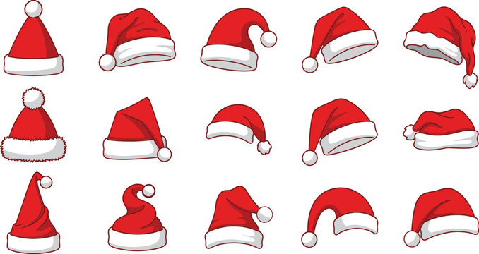 Collection of red santa claus hats in various styles and positions for festive designs