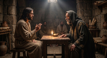 Obraz premium Bible, A wide-angle, atmospheric shot showing both figures. Jesus is speaking, his hand gently raised, embodying a quiet, divine authority. 