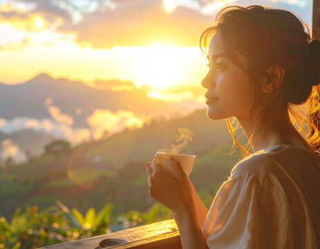 Woman enjoying coffee at sunset