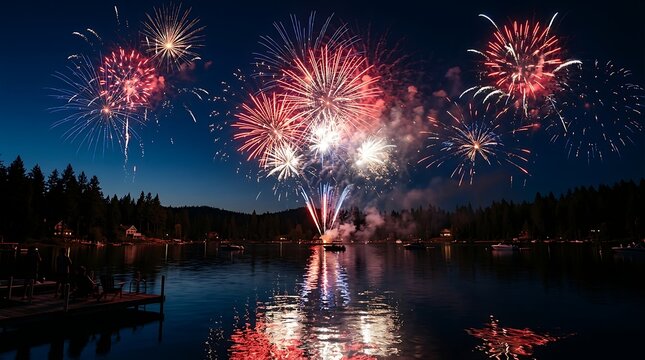 Colorful fireworks exploding over a lake at night with reflections