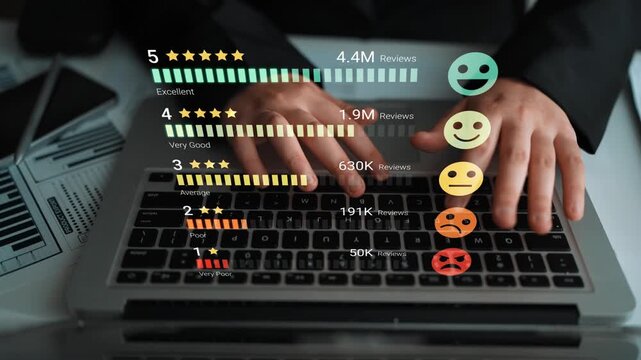 Hands Typing on Laptop Keyboard with Digital Ratings and Reviews Graphic Displaying Diverse Emoji Feedback Symbols for Online Services. Entropy.