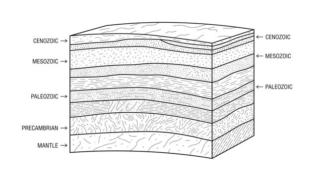 Layered Geological Cross Section Diagram with Rock Strata and Fossil Illustration