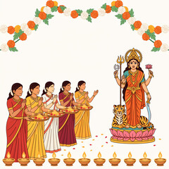 Obraz premium Goddess Durga Puja Celebration Banner with Women Devotees Offering Prayers Vector