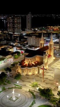 Night Dom Malan Square At Petrolina In Pernambuco Brazil. Sagrado Coracao De Jesus Cathedral. Illuminated Church. Downtown District. Dom Malan Square At Petrolina In Pernambuco. City At Night Skyline.