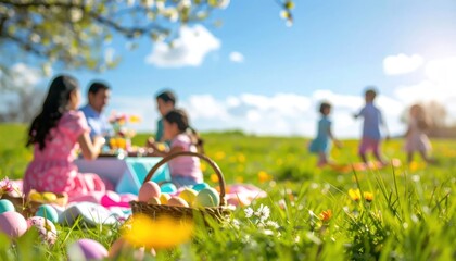 Fototapeta premium Happy Family Enjoying Easter Picnic in a Sunny Meadow.