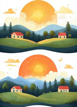 Two serene stacked landscape panels with glowing suns over blue mountains, rolling green hills, small red-roof cottages, pine and round trees, clouds, stars and a crescent moon, peaceful calm