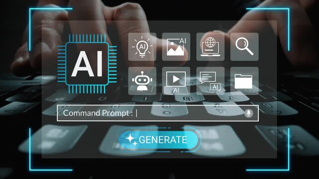 Hands typing on a keyboard with digital interface displaying AI icons and command prompt for technology, innovation, and automation concepts Gluon.