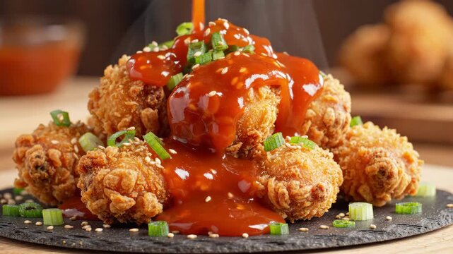 Crispy fried chicken wing with spicy sauce, green onion, and sesame seed, savory delicious appetizer closeup, Asian cuisine comfort food snack gourmet, garnished and served as flavorful gourmet