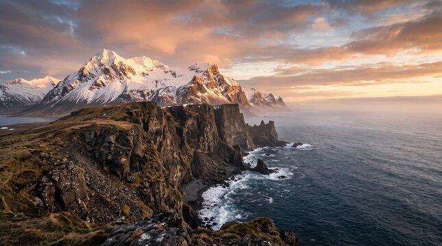 Dramatic coastal cliffs with snowy mountain peaks at sunset over turbulent ocean waves