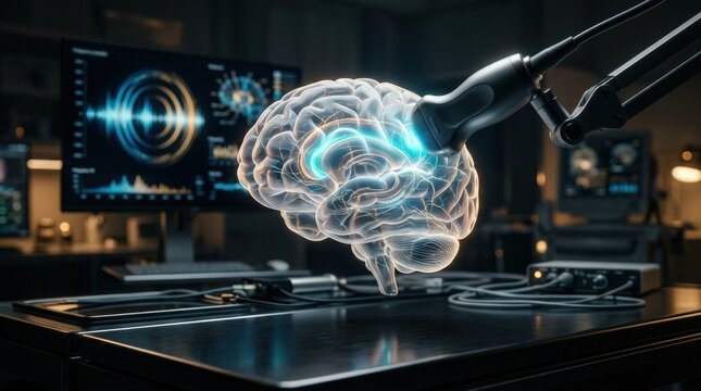 A translucent brain model floats above a clinical table, a focused ultrasound transducer aimed at the frontal midline, glowing anterior cingulate region, neural network lines, and waveform rings on a