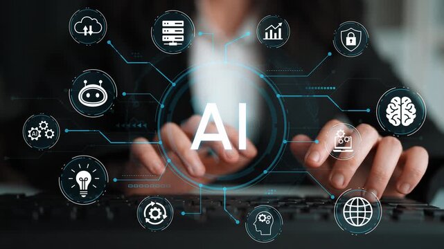 Hands on Keyboard with AI Graphics Representing Technology, Data Analysis, Automation, Business Growth, and Innovation in Digital Workspace. Entropy.