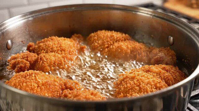 Fried chicken crispy golden breaded hot oil cooking pan homemade comfort food dinner, crispy fried chicken cooking hot oil stainless steel pan stove, golden brown breaded pieces sizzling stovetop