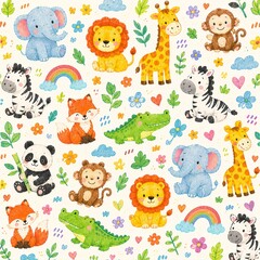 Fototapeta premium Cute Safari Animals Seamless Pattern with Elephant Lion Giraffe Zebra Panda and Monkey