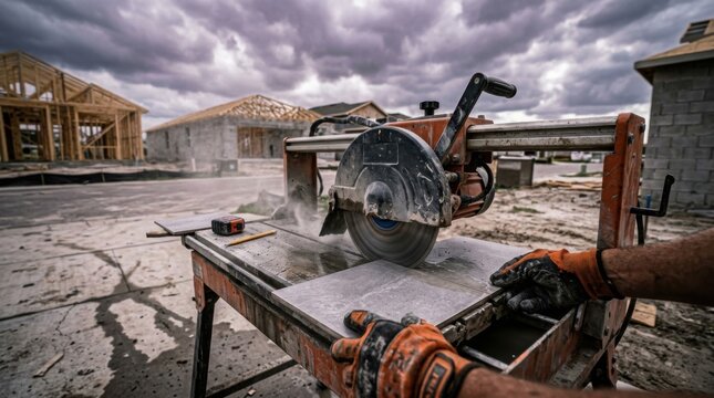 Tile Cutter in Action at Construction Site Under a Dramatic Sky