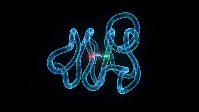 黒背景で電子スピンが相互作用するクリプトクロムタンパク質の量子状態を描いた高精細3DCG画像
